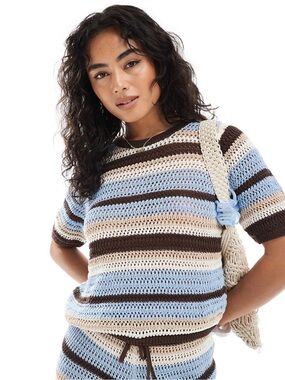 ASOS DESIGN crochet knit boxy T-shirt in blue and brown stripe